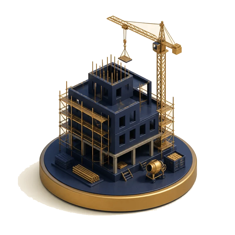Navy and gold illustration of a staged build